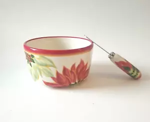 Espana Poinsettia Holiday Dip Serving Set Bowl Knife Hand painted 4.5 inches - Picture 1 of 3