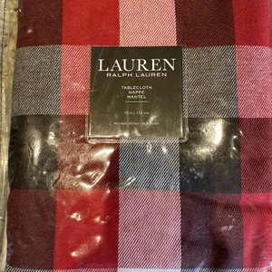 New RALPH LAUREN Red Black White Plaid Tablecloth 70” Round Poly/Cotton Blend - Picture 1 of 6
