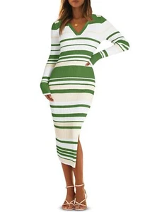 Saodimallsu Womens Striped Sweater Dress V Neck Slim fit Midi Dresses, M Green - Picture 1 of 6