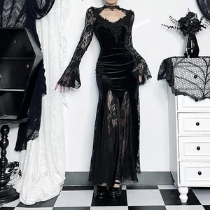 Women Gothic Lace Long Dress Sheer Mesh Sleeve High Slit Evening Gown Party - Picture 1 of 24