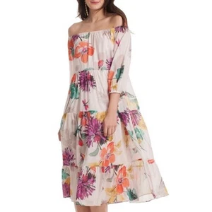 Trina Turk Silk Floral Off Shoulder Flowy Midi Dress - Imagen 1 de 14