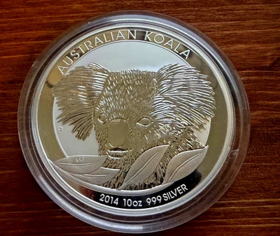 Moneda de 10 dólares de plata australiana Koala 2014-P de 10 oz .999 en cápsula Foto 1 de 2