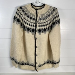 Maglione lana islandese vintage uomo 2XL panna nero grigio bottoni cardigan nordico - Foto 1 di 9