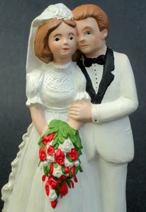 Ceramic Cake Topper Wedding Couple 5.5in Bride Groom White Tux Dress Red Roses - Picture 1 of 8