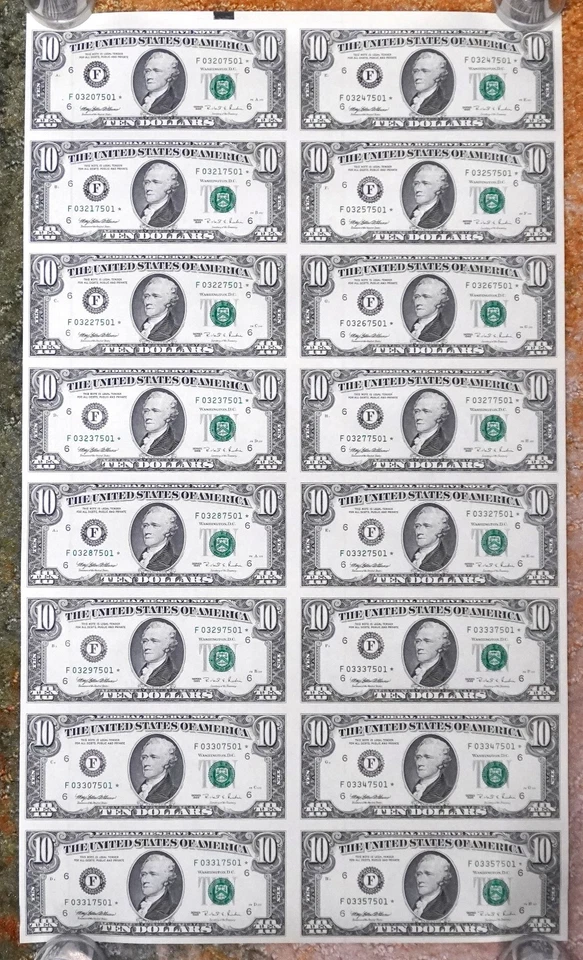 1995 UNCUT SHEET OF 16 - 1995 $10 STAR NOTES, ATLANTA DISTRICT - Image 1 of 4