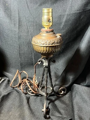 Antique The Tiny Miller Embossed Brass Oil Lamp Light Wrought Iron Base Mission - Image 1 of 4