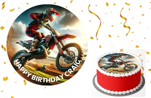 Roter Motocross Scrambler Motorrad Cake Topper Zuckerguss oder Oblate personalisiert - Bild 1 von 3