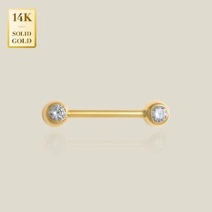 14K Solid Gold CZ Straight Barbell Eyebrow Nipple Tongue Body Piercing 14 Gauge - Picture 1 of 4