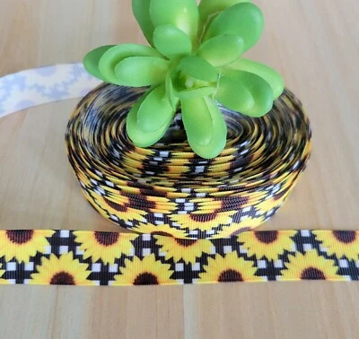 Cinta de grosgrain de girasol de 7/8 pulgadas (1 año) amarillo búfalo a cuadros flor envoltura de regalo Foto 1 de 2