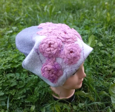 Cappello berretto donna grigio in feltro di lana merino. Cappello invernale c... - Immagine 1 di 4