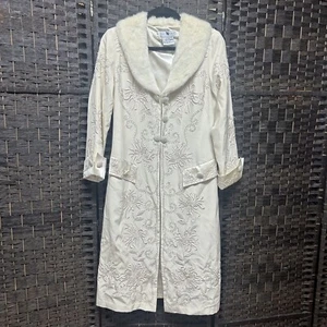Y2K Sue Wong vintage midi length silk embroidered beads off white coat jacket 8 - Picture 1 of 10