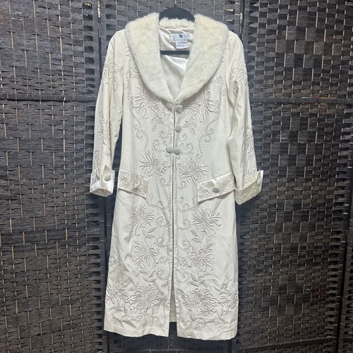 OFF WHITE Giacca cappotto Y2K Sue Wong vintage lunghezza media seta ricamato perline bianco sporco 8