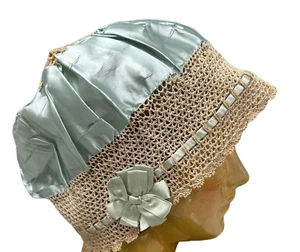 Victorian Blue Silk Satin Crochet Lace Nightcap LARGE - Antique (Damaged) - Picture 1 of 5