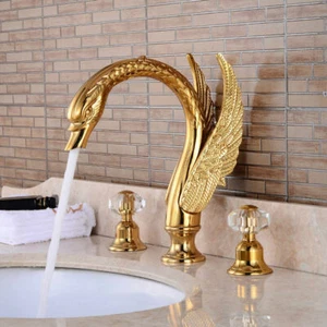 3 Hole Gold Swan Style Bathroom Basin Sink Mixer Brass Tap 2 Crystal Handle Kits - Picture 1 of 8