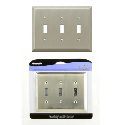 Triple 3 Toggle Outlet Switch Wall Plate Cover Century Brushed Nickel Steel Lot - Image 1 of 4