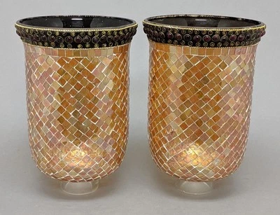 Hurricane Shades Glass Gold Mosaic Red Bead Rim Border 6"Dia 10"Tall Set/2 - Image 1 of 4