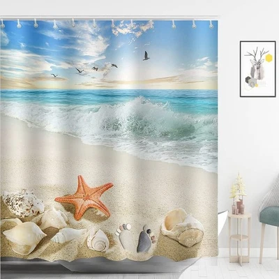 Starfish Beach Shower Curtain Set Seashell Beach Theme Waterproof Polyester F... - Image 1 of 4