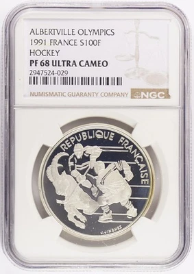Albertville 1991 1992 Juegos Olímpicos 100 francos hockey NGC PF68UC KM# 993 Foto 1 de 2