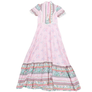 Vintage 1970er Prairie Maxi Schnürung Mieder rosa Blumen Kleid Landhaus passt Damen XS - Bild 1 von 8