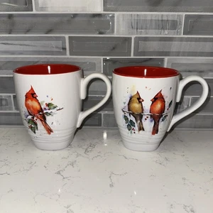 Dean Crouser Ceramic 12oz Mug w/Painted Cardinals on Holly Branches ~ Set of 2 - Picture 1 of 12