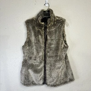 Gap Faux Fur Vest Women's Medium Brown Reversible Zip Up Canvas High Neck - Picture 1 of 10