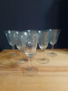 VINTAGE ETCHED CLEAR GLASS WINE GLASSES SET OF 6 - Picture 1 of 10