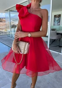 CLEARANCE - Color Red, Size S - One Shoulder Sleeveless Mesh Patchwork Dress - Imagen 1 de 18