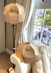 2 Victorian Downton Abbey Traditional Gold Beige Fringe Lace Lampshade 14IN 36CM - Picture 1 of 22