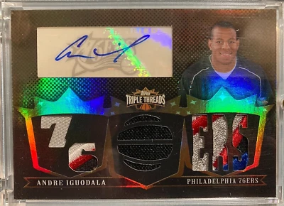 安德里·伊古达拉 2007-08 三线亲笔签名三张补丁亲笔签名 SP # 4/5 76ers — 第 1/2 张图片