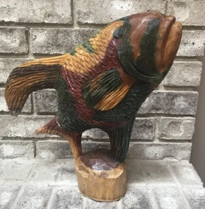 Vtg Hand Carved & Painted Multi-Color WOOD FISH Artist Figurine 14” Tall - Picture 1 of 12