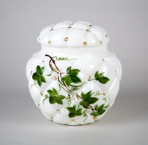 Consolidated Hand Painted Ivy Milk Glass Quilted Jar & Lid Vintage - Picture 1 of 8