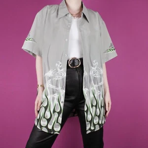 VINTAGE flame 2000s y2k 90s mens green womens flame grey print shirt top large - Picture 1 of 12
