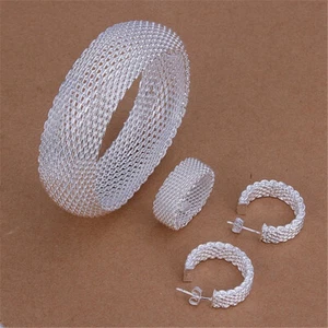 solid 925 silver Fashion Mesh Beautiful Ring Earring Bangle Set wedding jewelry - Picture 1 of 1