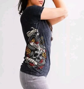 Sinful by Affliction Women's “DAISY” short sleeve crew neck black T-shirt NWT - Picture 1 of 5