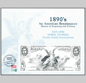 B133 FUN 1990 BEP Souvenir Card $5 Silver Certificate proposed 1897 face VC Cxl - Picture 1 of 1