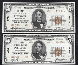 (2) CONSECUTIVE 1929 $5 TYII THE FIRST NB OF PITTSTON, PA NATIONAL CH. #478 GEM - Picture 1 of 2