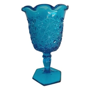 Daisy & Button Blue Heavy Glass Vase Compote Stemmed EUC Ruffle VTG LE Smith - Picture 1 of 6
