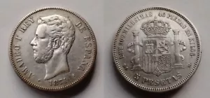 SPAIN COIN AMADEO I 5 PESETAS 1871 *18*74 DE-M PLATA SILVER ORIGINAL R5860 - Imagen 1 de 1