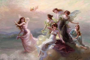 THE DANCE OF THE NYMPHS AND CUPID 1900 ART PAINTING BY EDOUARD BISSON REPRO - Picture 1 of 3