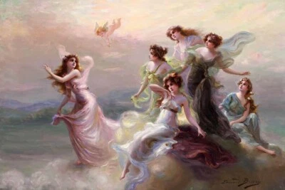 LA DANZA DE LAS NINFAS Y CUPIDO 1900 PINTURA ARTÍSTICA DE EDOUARD BISSON REPRO Foto 1 de 3