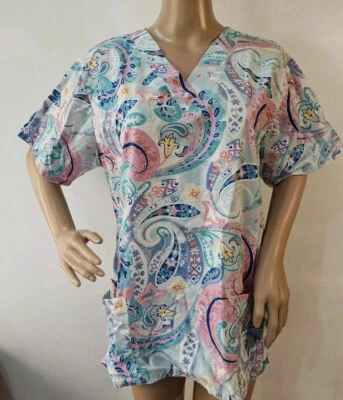 UA Scrubs pink swirls/paisley Scrub Top - white with pink blue purple - Size L - Image 1 of 4
