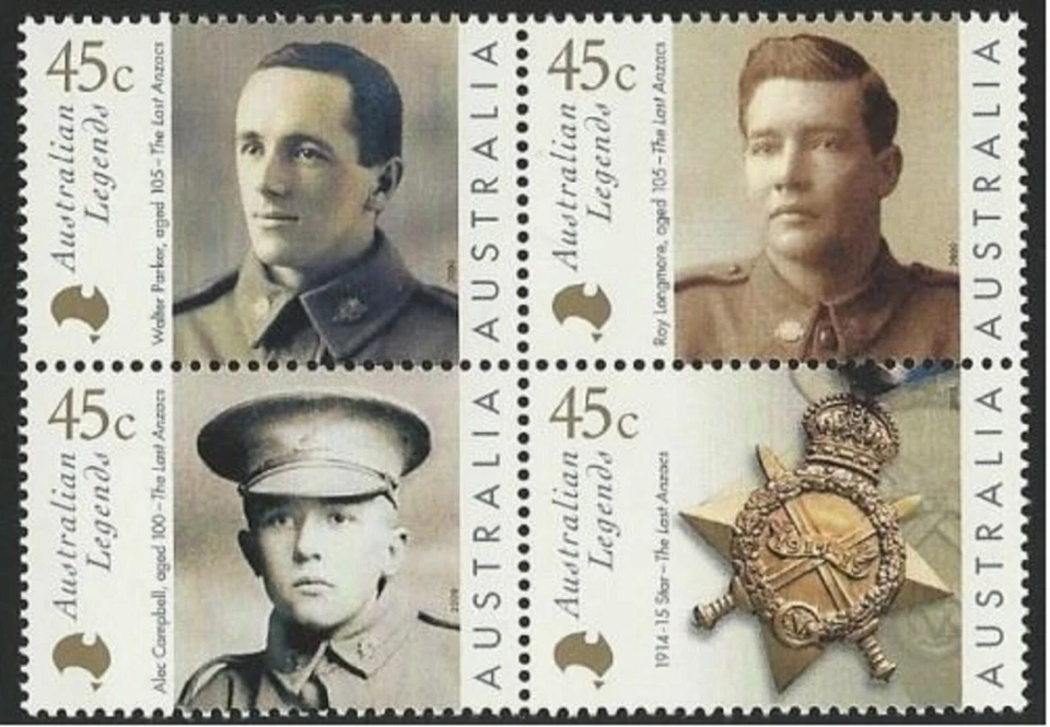 Conjunto de estampillas de veteranos de la Primera Guerra Mundial de leyendas de Australia bloque 0 de 4 Scott 1800-1803 Foto 1 de 1
