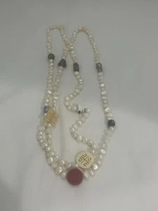 VINTAGE FRESHWATER PEARL NECKLACE with CHINESE Beads Red Cinnabar Bead Cloisonné - Picture 1 of 5