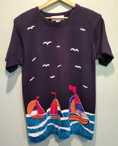 New Victoria Harbour Short Sleeve Beaded Sailboat Sweater Sz M Coastal Nautical  - Picture 1 of 8