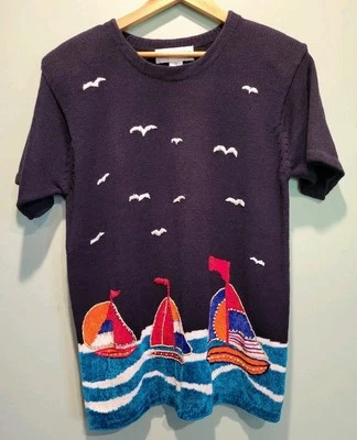 全新 Victoria Harbour 短袖串珠帆船毛衣 尺寸 M 沿海航海  — 第 1/4 张图片