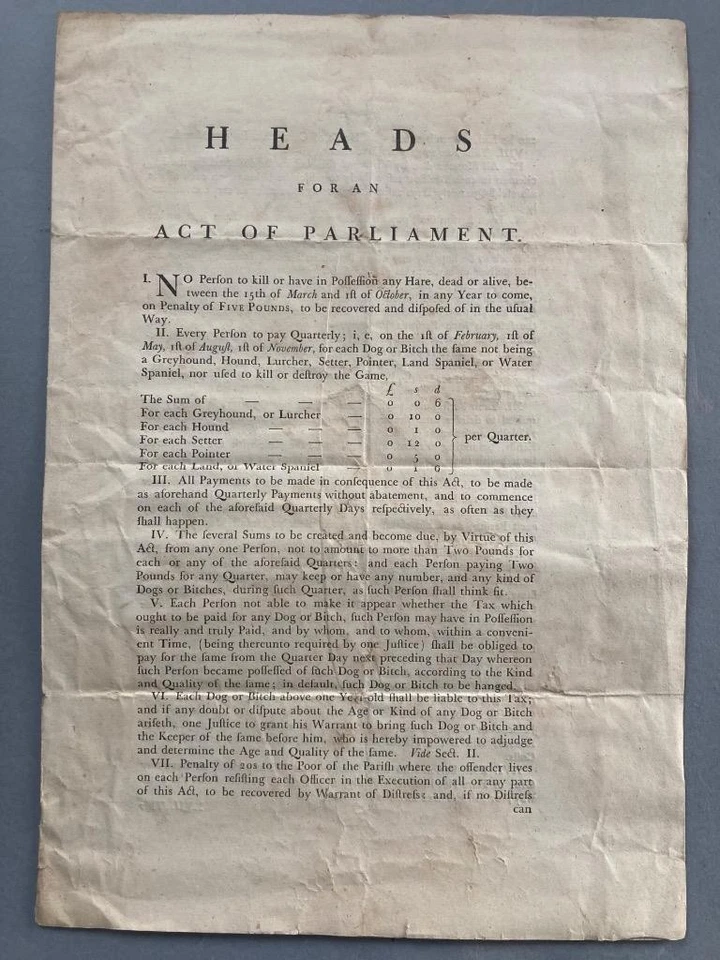Ley del Parlamento que grava galgos y tambaleantes y otros perros de caza, alrededor de 1780 - Imagen 1 de 1