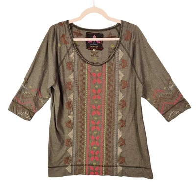 Túnica Johnny Was Bordada Azteca Boho Suroeste Mujer Manga 1X 3/4 Marrón Foto 1 de 4