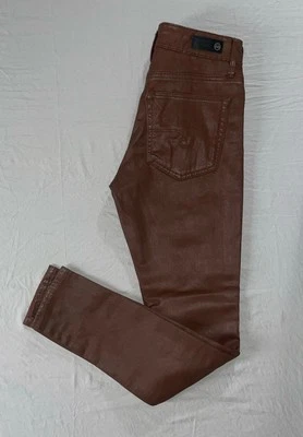 AG The Farrah Skinny Ankle Coated Faux Leather Stretch Jeans. Brown, Women's 26. - Image 1 of 4