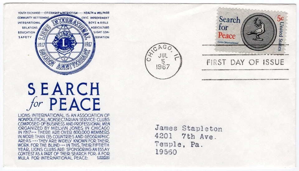 1967 FDC 1326 Lions International; Search for Peace, C. S. Anderson blue cachet - Image 1 of 1