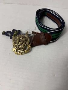 Polo Ralph Lauren uomo fibbia tigre cintura a righe verde bosco e navy taglia 34 - Foto 1 di 5